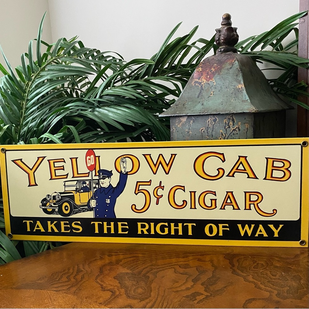 Vintage Style YELLOW CAB 5 Cent CIGAR Porcelain Enamel Advertising Sign